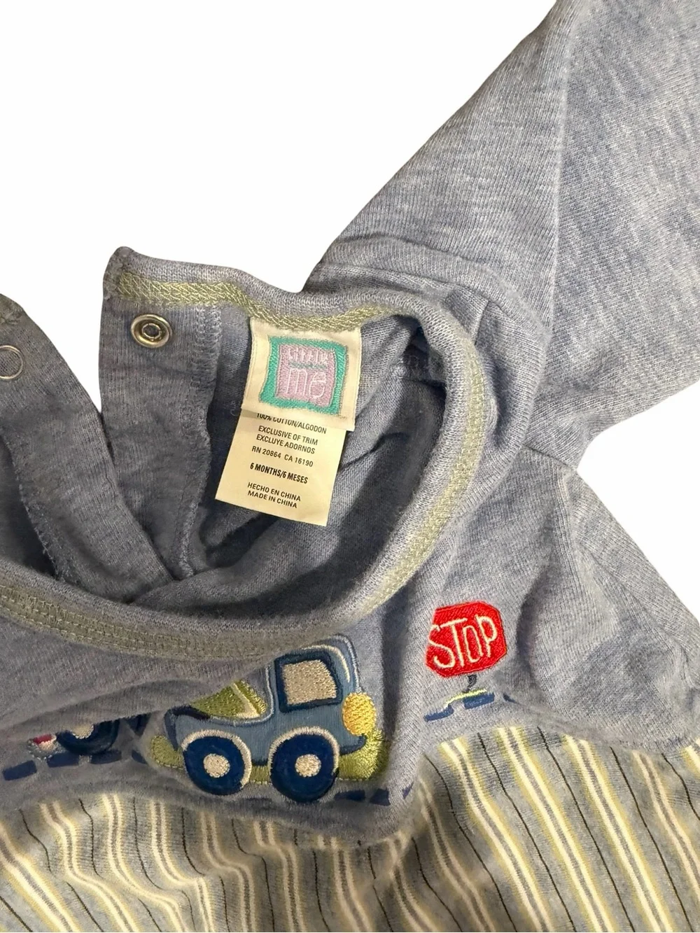 Bintage little me Baby Boy Grey & Yellow Striped Romper with Cars